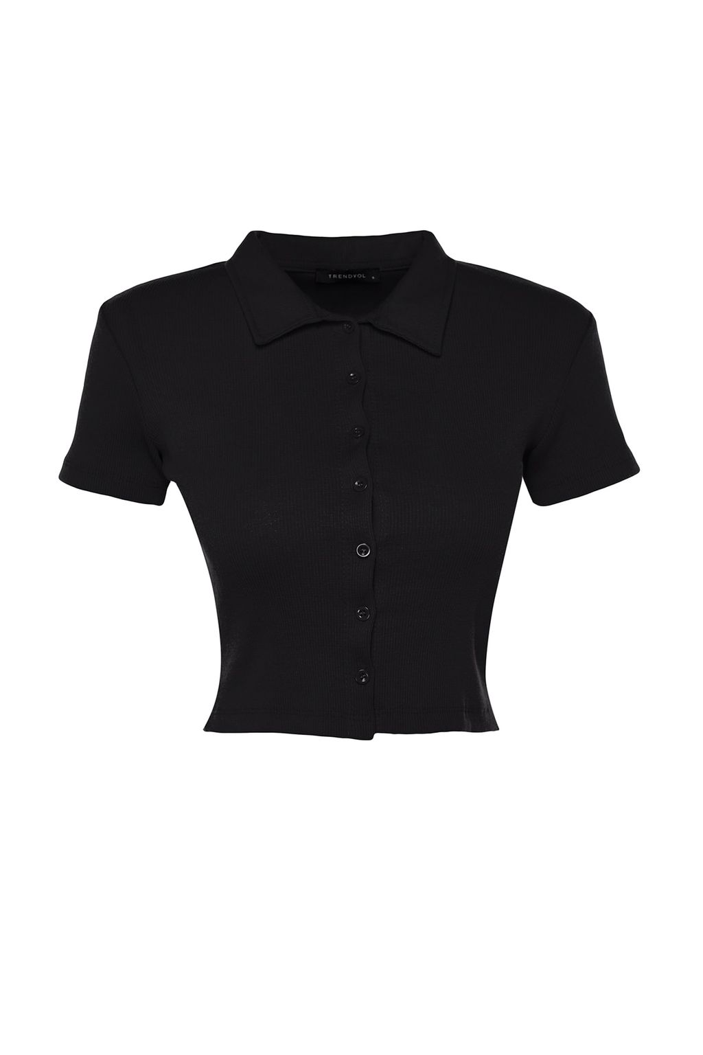 Trendyolmilla Beyaz Dugme Detayl? Fitted/Vucuda Oturan Crop Polo Yaka Fitilli Esnek Orme Bluz TWOSS23BZ00537