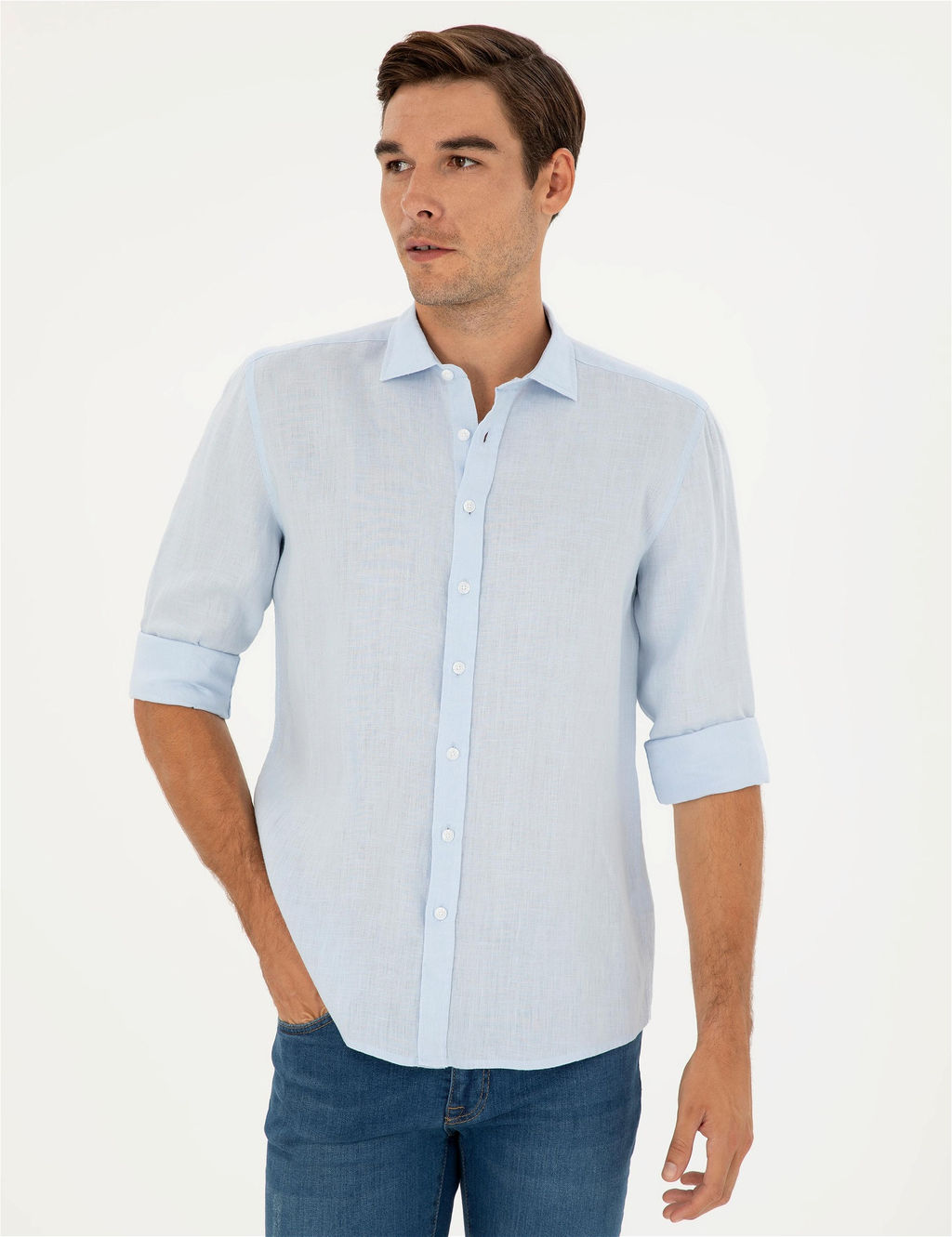 A__k Mavi Keten Regular Fit Uzun Kollu G_mlek - Pierre cardin фото 3