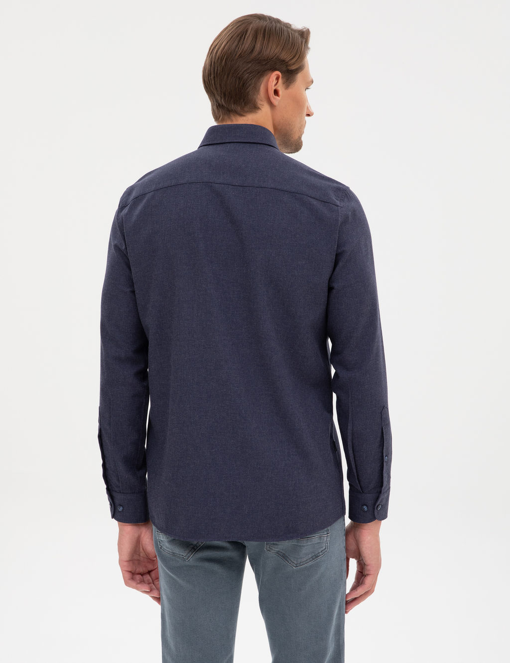 Lacivert Flanel Dokulu Slim Fit Uzun Kollu G_mlek