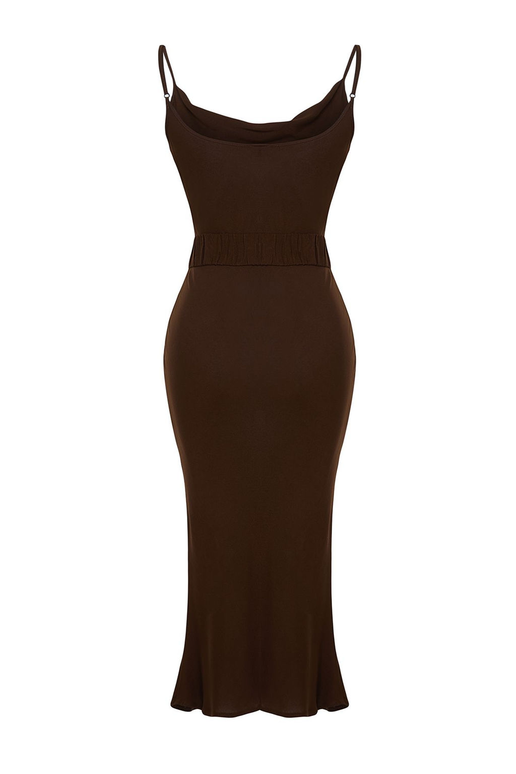 Kahverengi Kemerli Shift/Duz Kesim Degaje Yaka Midi Dokuma Elbise TWOSS21EL2394