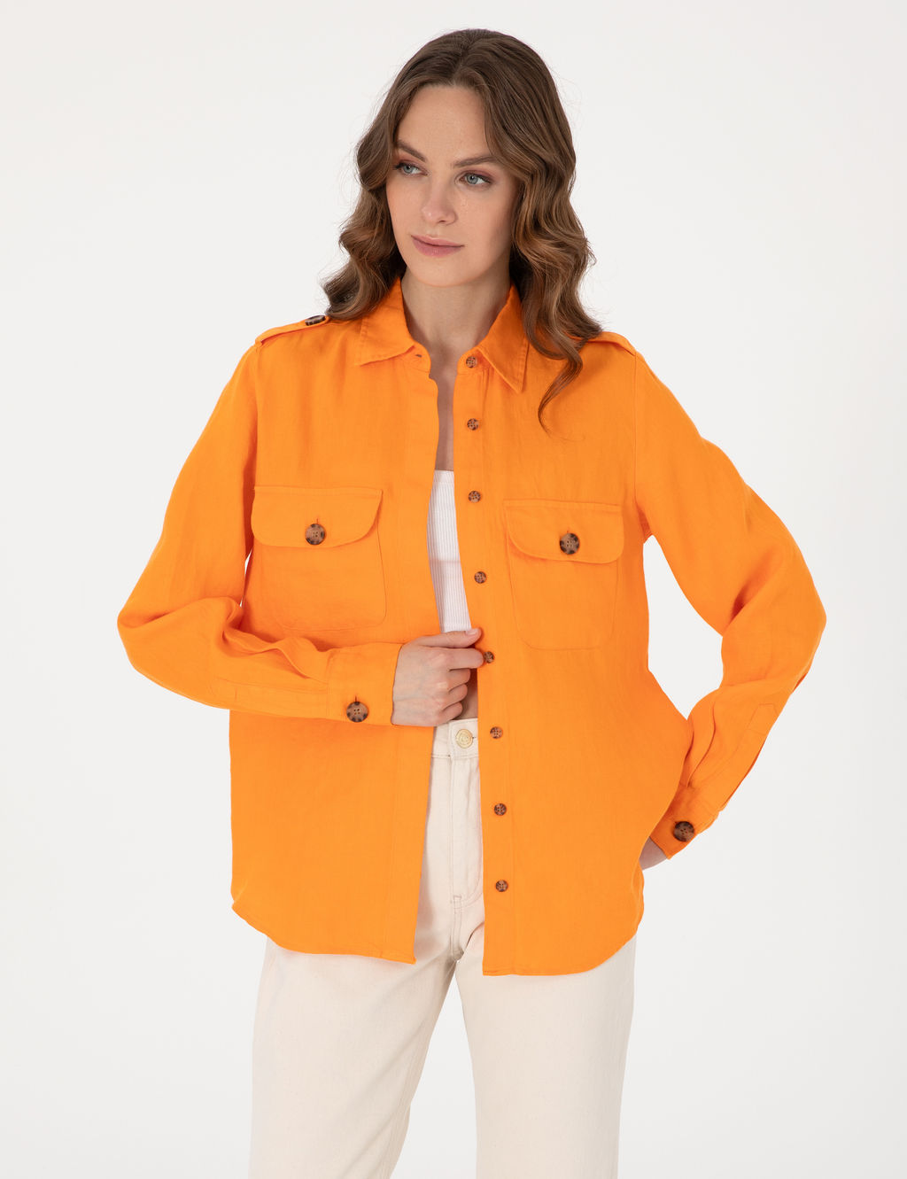 Turuncu Comfort Fit Uzun Kollu Keten G_mlek