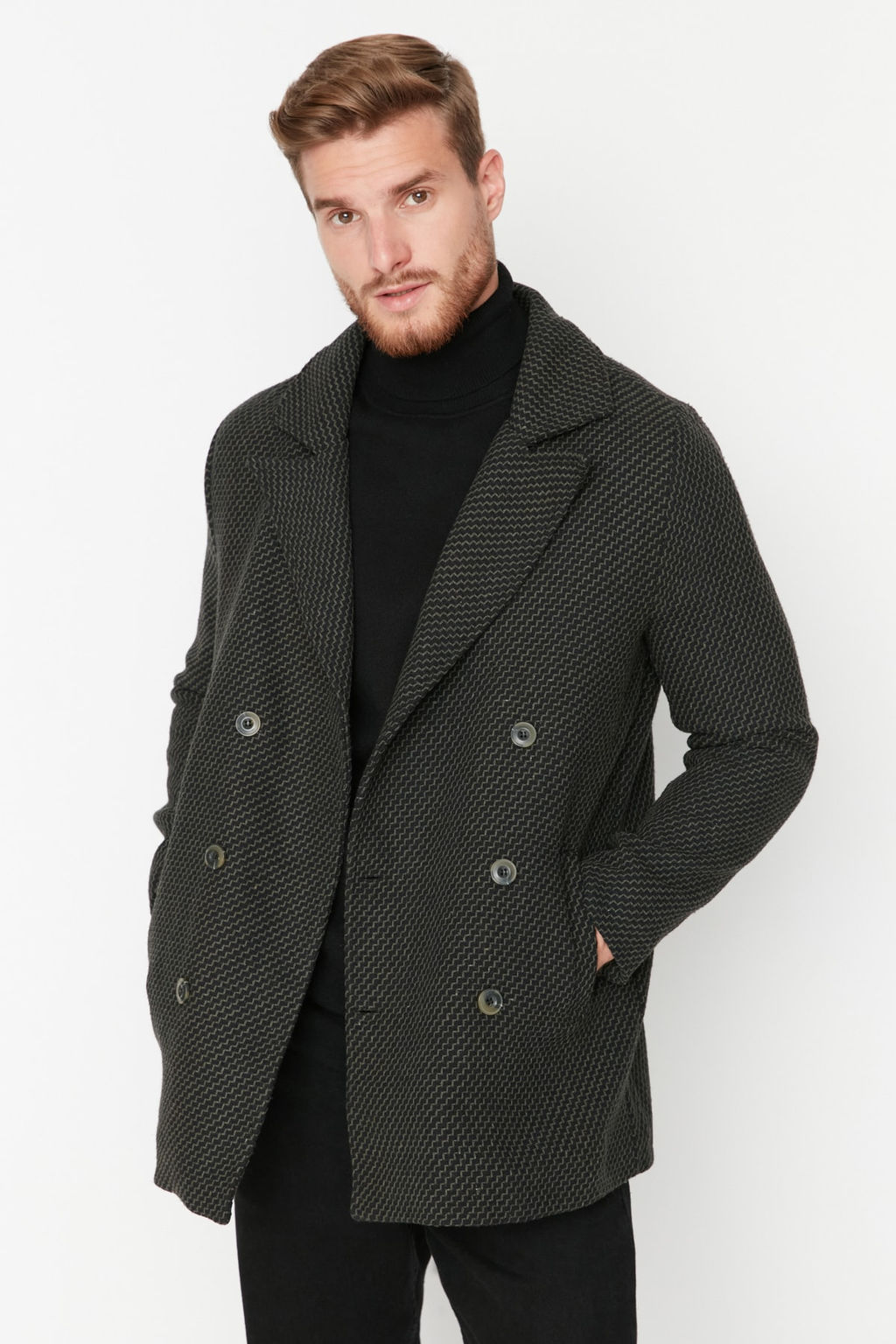 Trendyolmilla Man Haki Regular Fit Kruvaze Kapama Dokulu K?sl?k Kaban TMNAW23KB00002  фото 4