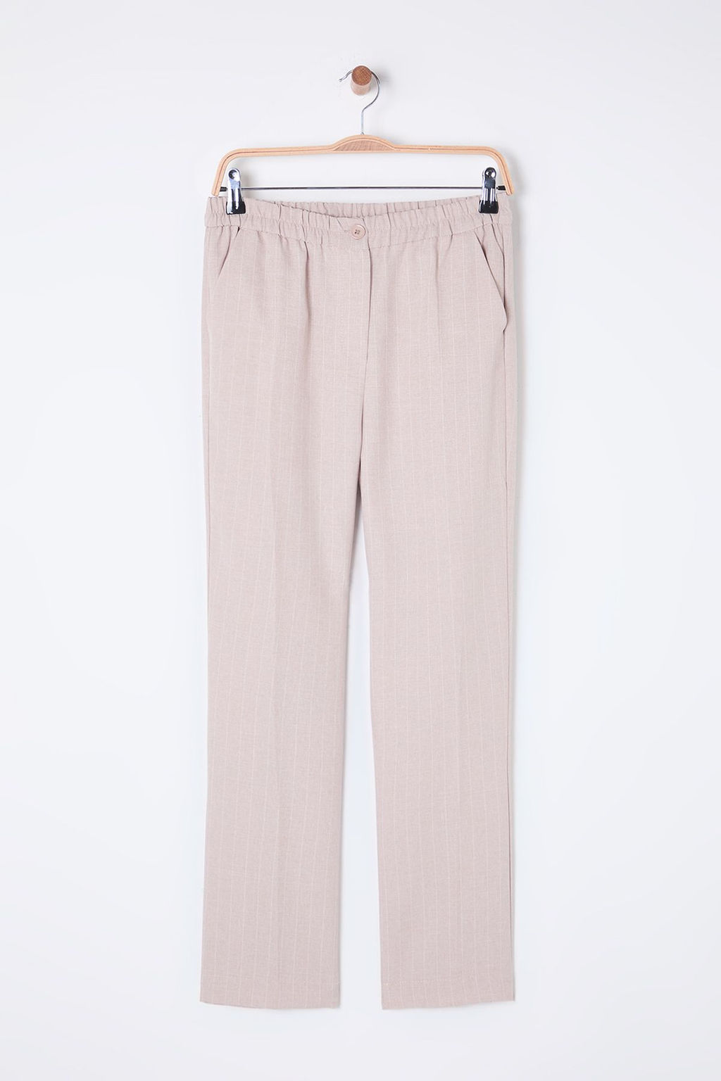 TRENDYOLMILLA Bej Arka Beli Lastikli Cizgili Straight/Duz Kesim Dokuma Pantolon TWOSS25PL00015 фото 7