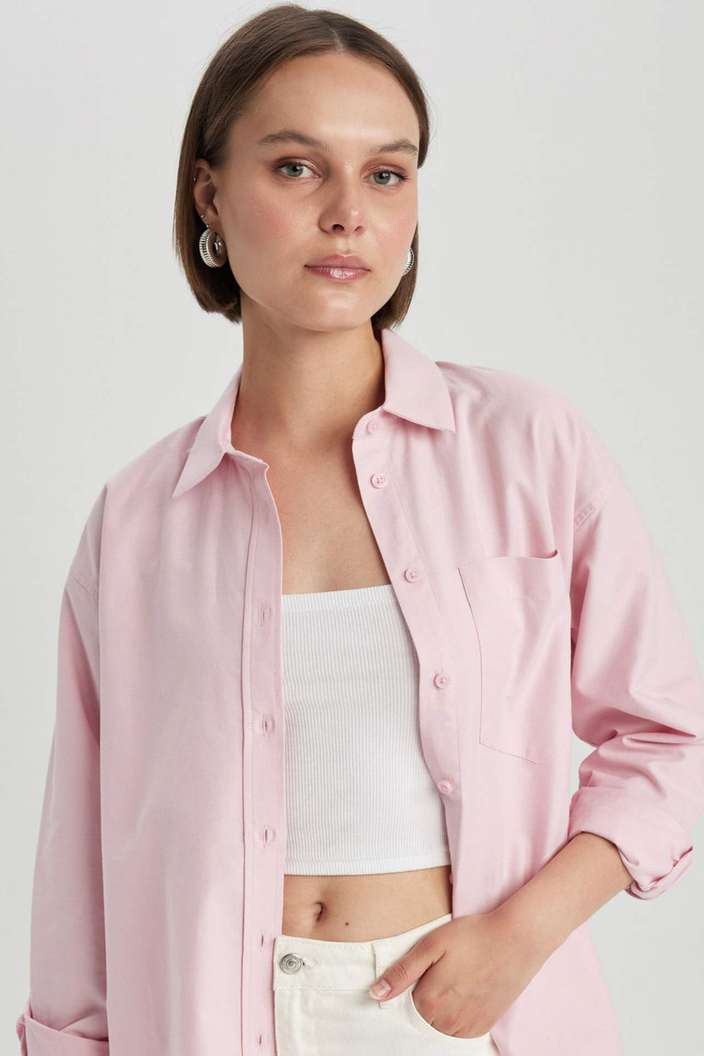 Oversize Genis Kal?p Basic Duz Oxford Uzun Kollu Gomlek - Defacto фото 2