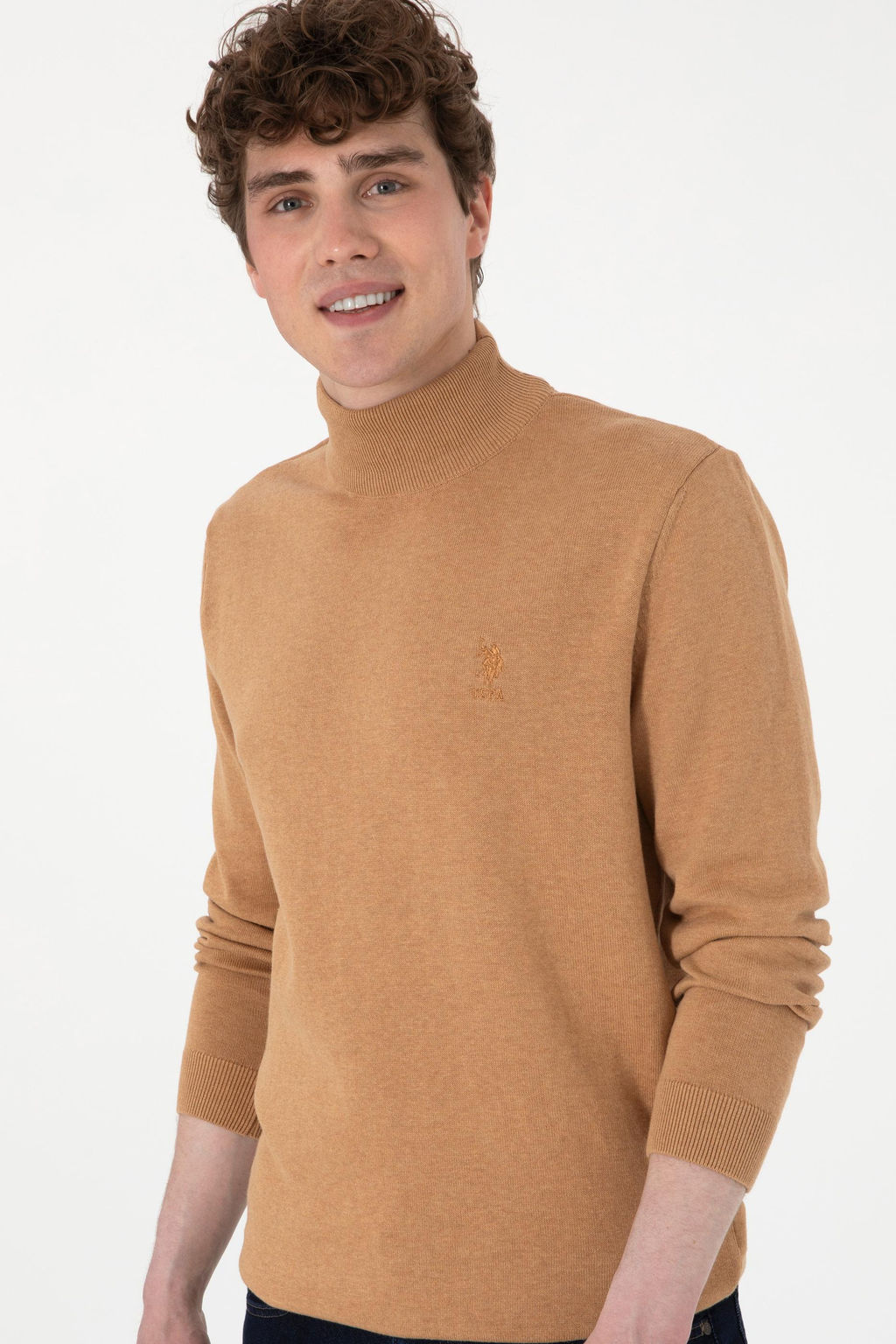 Erkek Slim Fit Yar_m Bal_k__ Yaka Camel Melanj Basic Kazak - U.s. polo assn фото 3