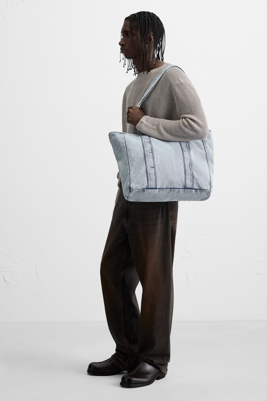 WASHED-EFFECT DENIM TOTE BAG