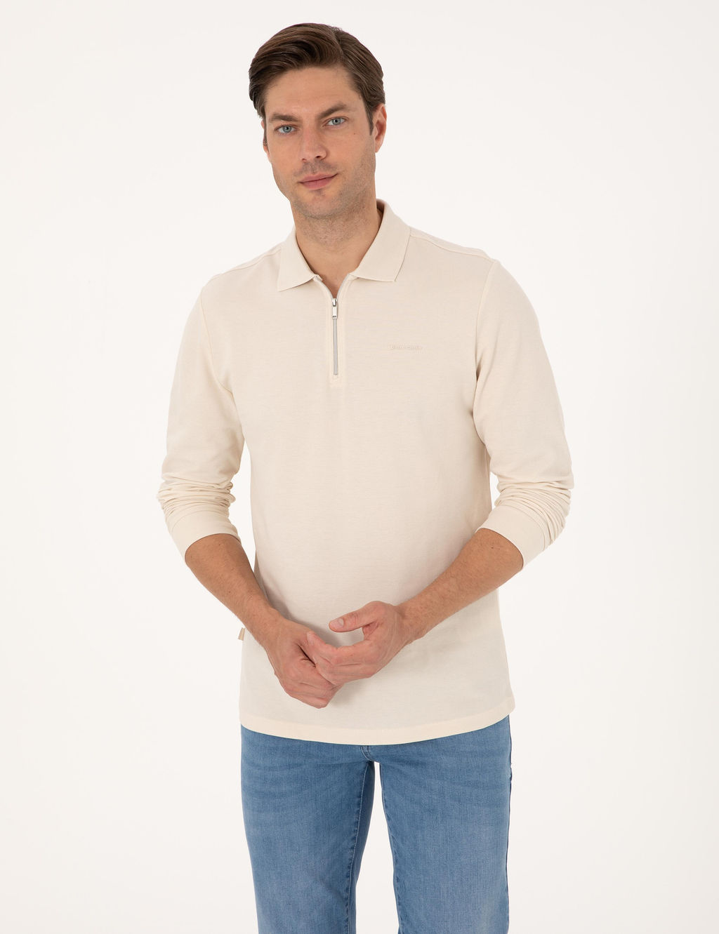 Bej Slim Fit K_vr_lmaz Fermuarl_ Polo Yaka Basic Pike Sweatshirt