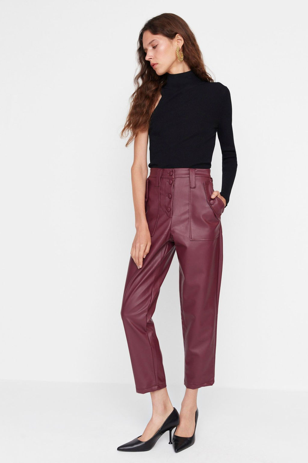 Limited Edition Bordo Havuc Dokuma Onden Dugmeli Suni Deri Pantolon TWOAW22PL0083