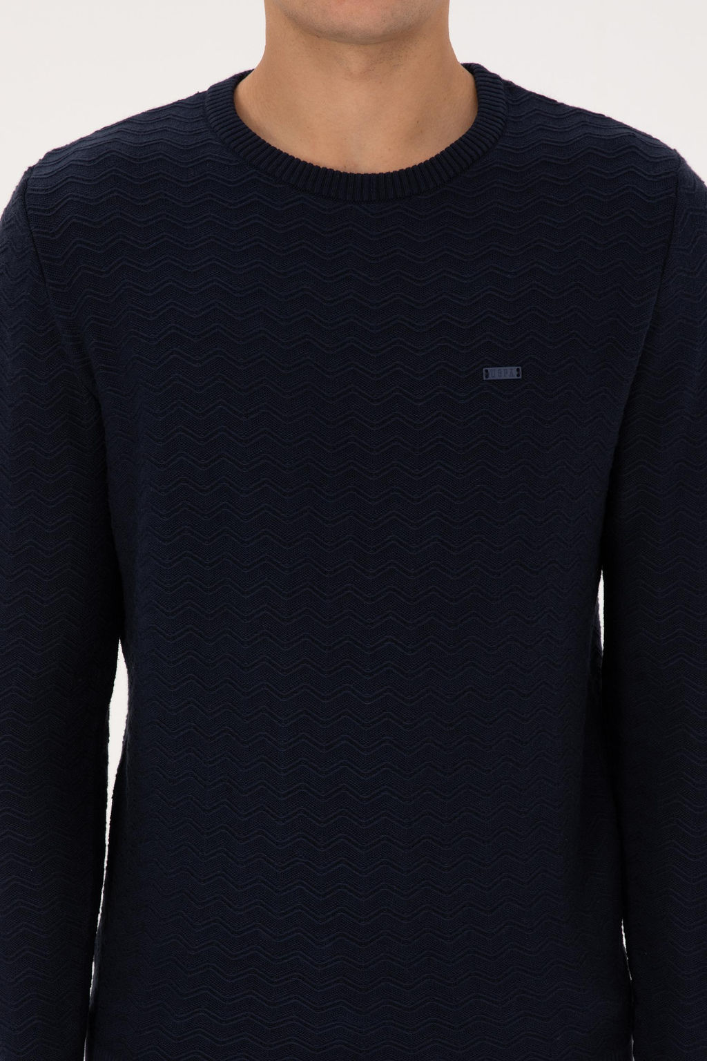 Erkek Slim Fit Bisiklet Yaka Desenli Lacivert Kazak