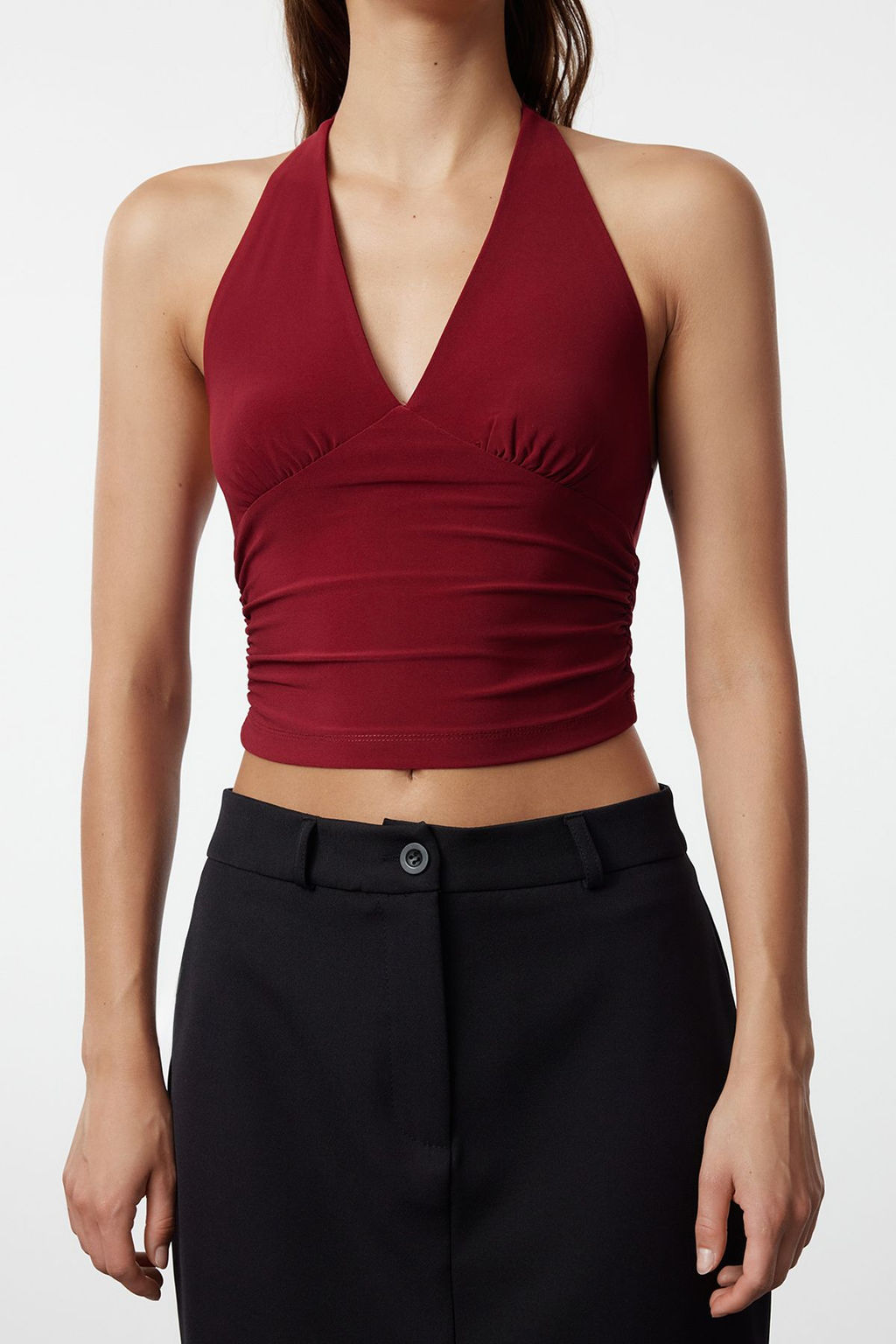 Bordo Boyundan Baglamal? Vucuda Oturan Esnek Orme Bluz TWOSS24BZ00061