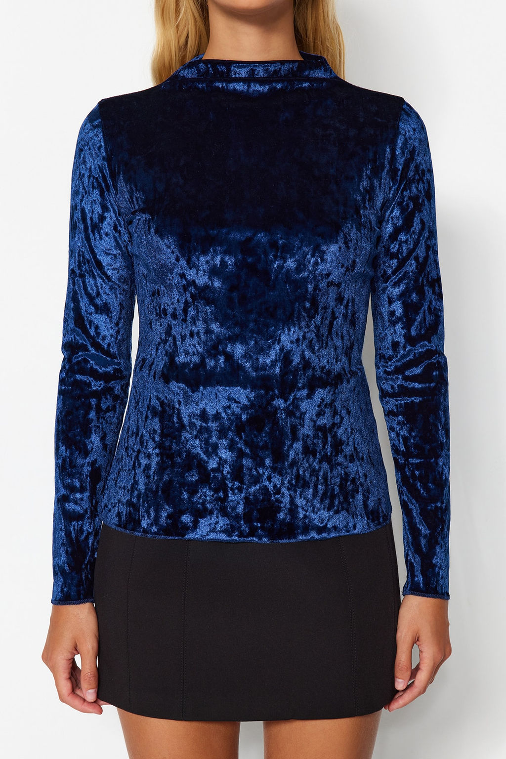 Lacivert Kadife Dik Yaka Slim Fit Uzun Kollu Orme Bluz TWOAW24BZ00157 - Trendyolmilla фото 3