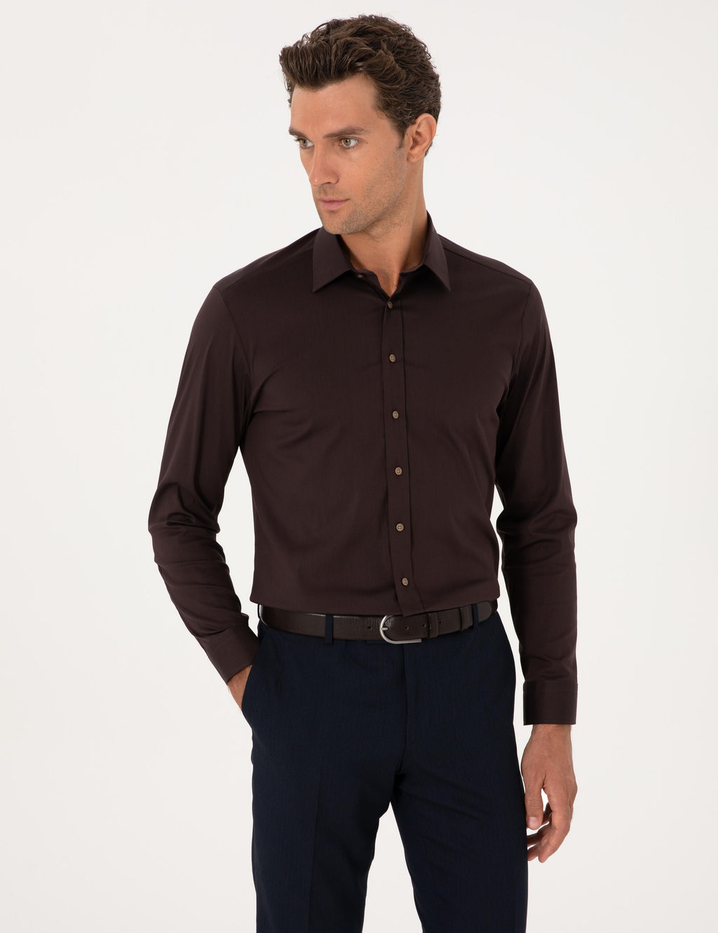 Koyu Kahverengi Slim Fit Non Iron Klasik G_mlek - Cacharel фото 3