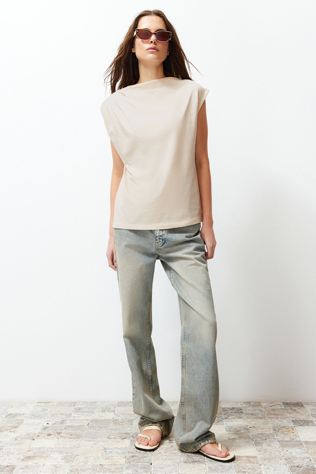 Tas Kay?k Yaka S?f?r Kol Buzgulu Orme T-Shirt TWOSS24TS00051