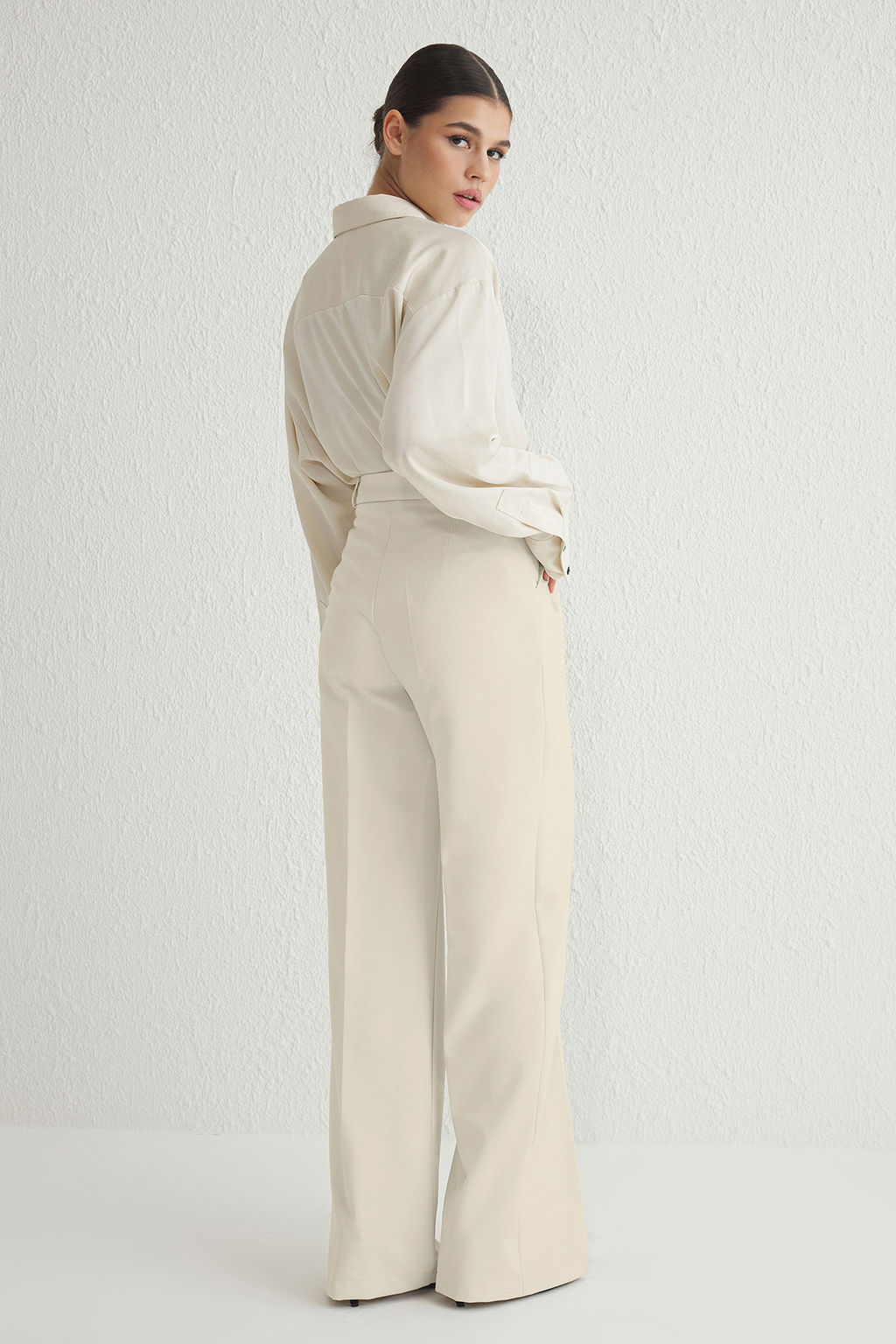 Ekru Pilili Wide Leg/Genis Paca Dokuma Pantolon TWOAW25PL00109 Palazzo