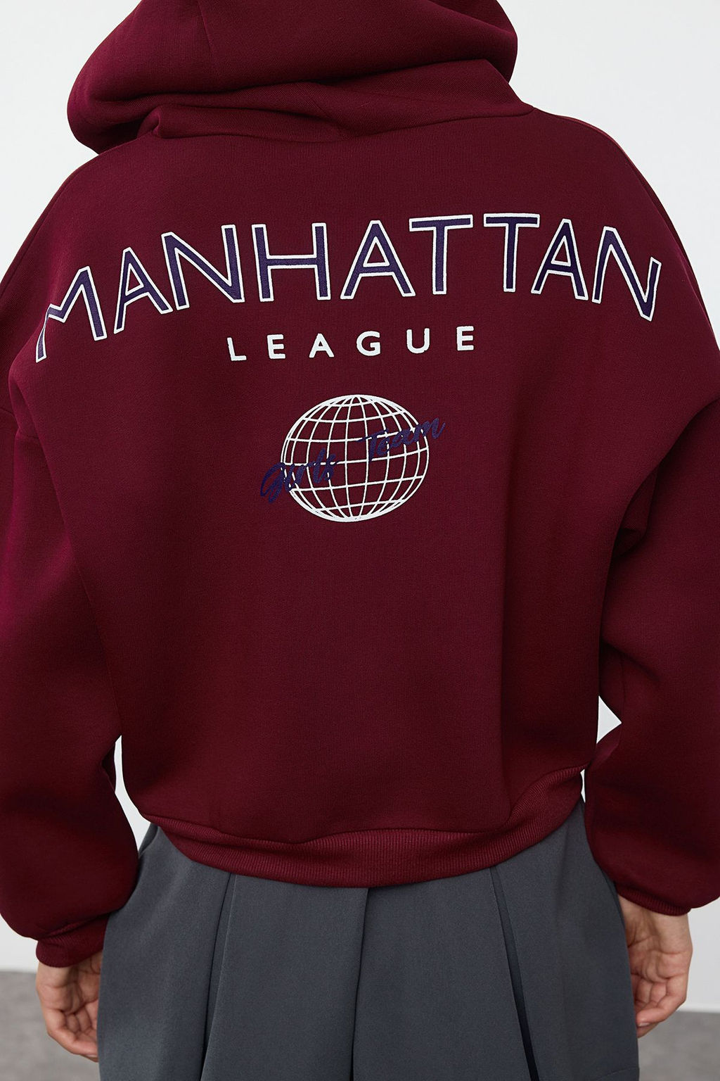 Bordo S?rt Bask? Detayl? Kapusonlu Kal?n Ici Polarl? Orme Sweatshirt TWOAW22SW0711