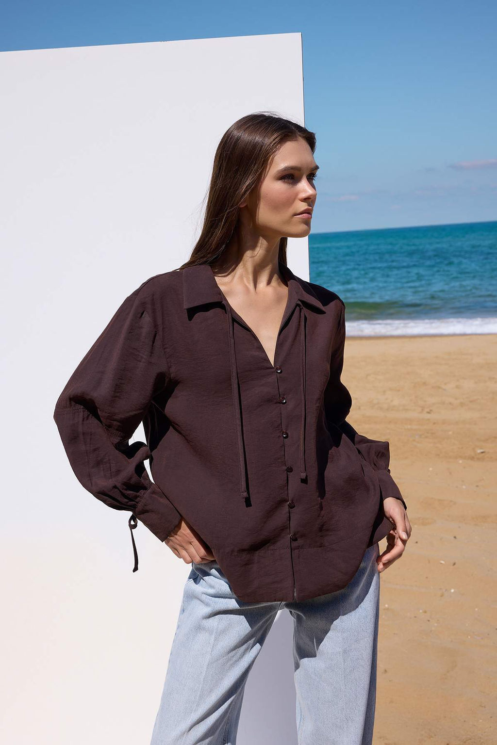 Sustainable Koyu Kahverengi Boho Modal Baglama Detayl? Oversize Modal Gomlek TWOAW26GO00080