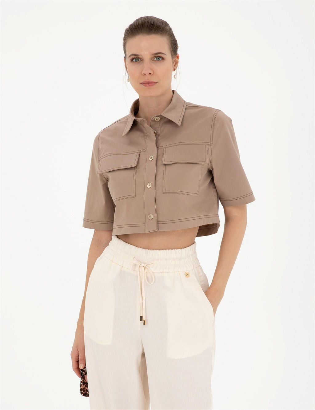 Bej Crop Top K_sa Kollu G_mlek