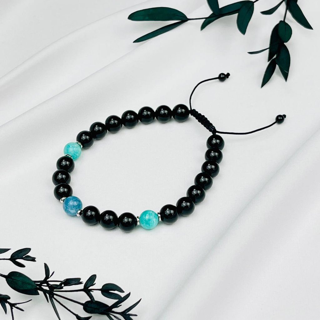 Браслет регулируемый мужской из Турмалина,Амазонита и Кварца и Вишудха