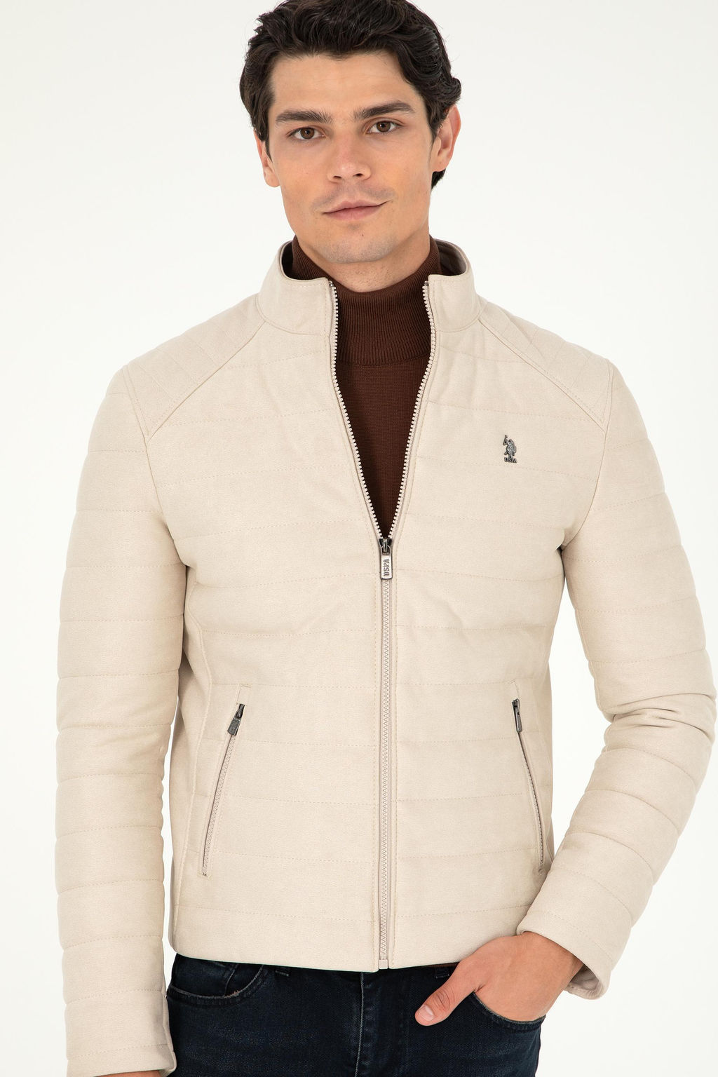 Мужская бежевая кожаная куртка - U.s. polo assn фото 3