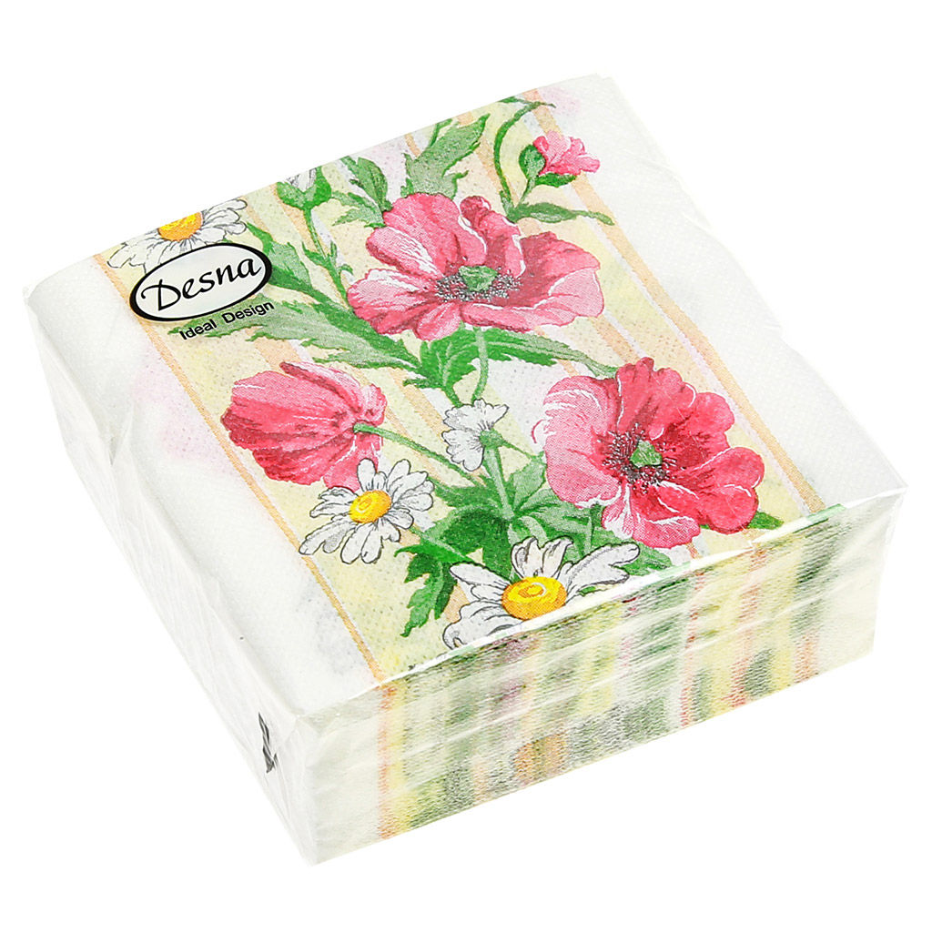 Салфетки бумажные Desna Design 24х24см, 1 слойные, 40 штук в упаковке, 100% целлюлоза, Красно-жёлтые цветы (Россия) - Bouquet фото 2
