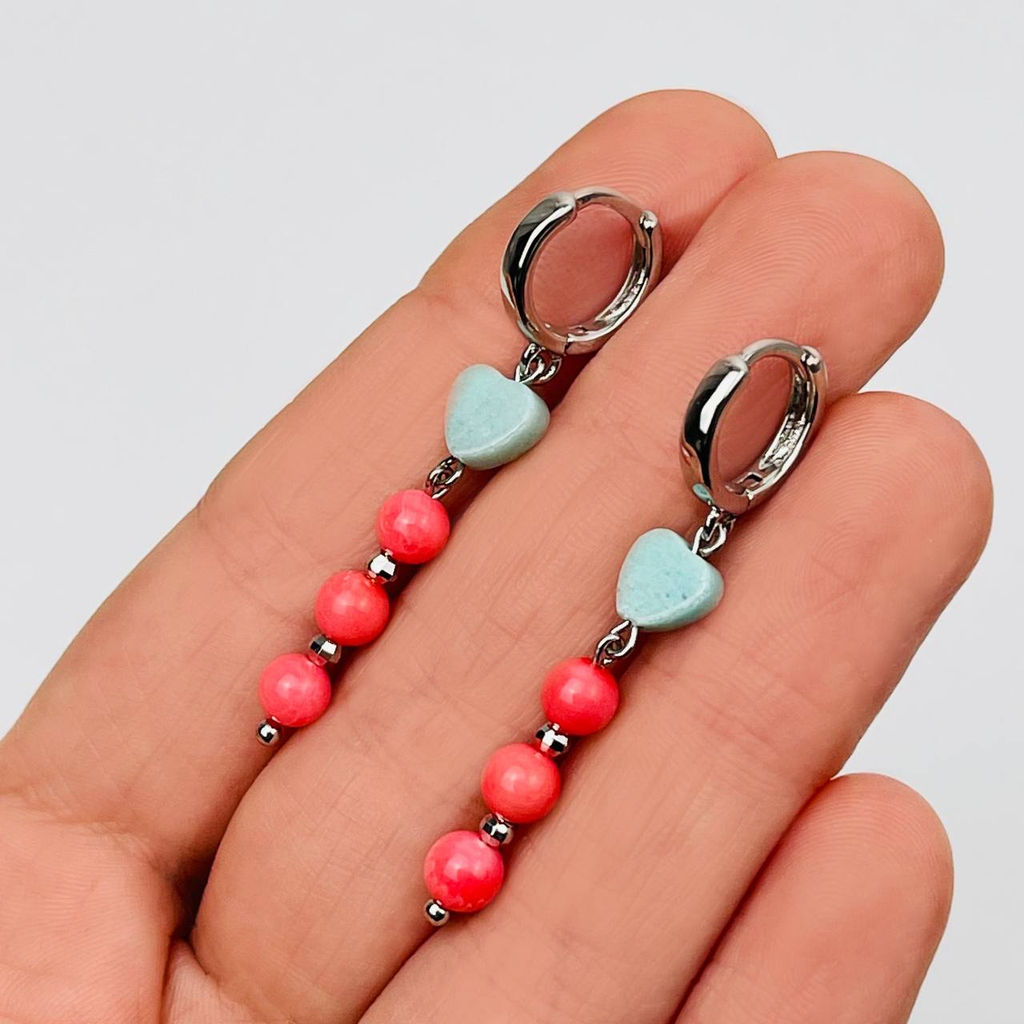 Серьги длинные из розового Коралла и Кварца