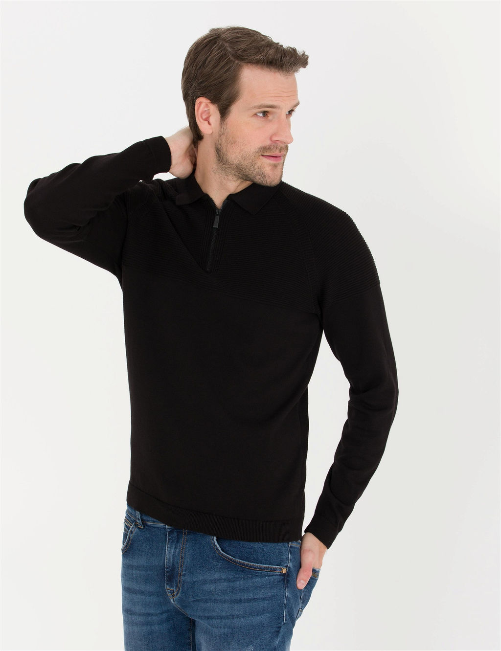 Siyah Slim Fit Fermuarl_ Polo Yaka Triko Kazak - Pierre cardin фото 3