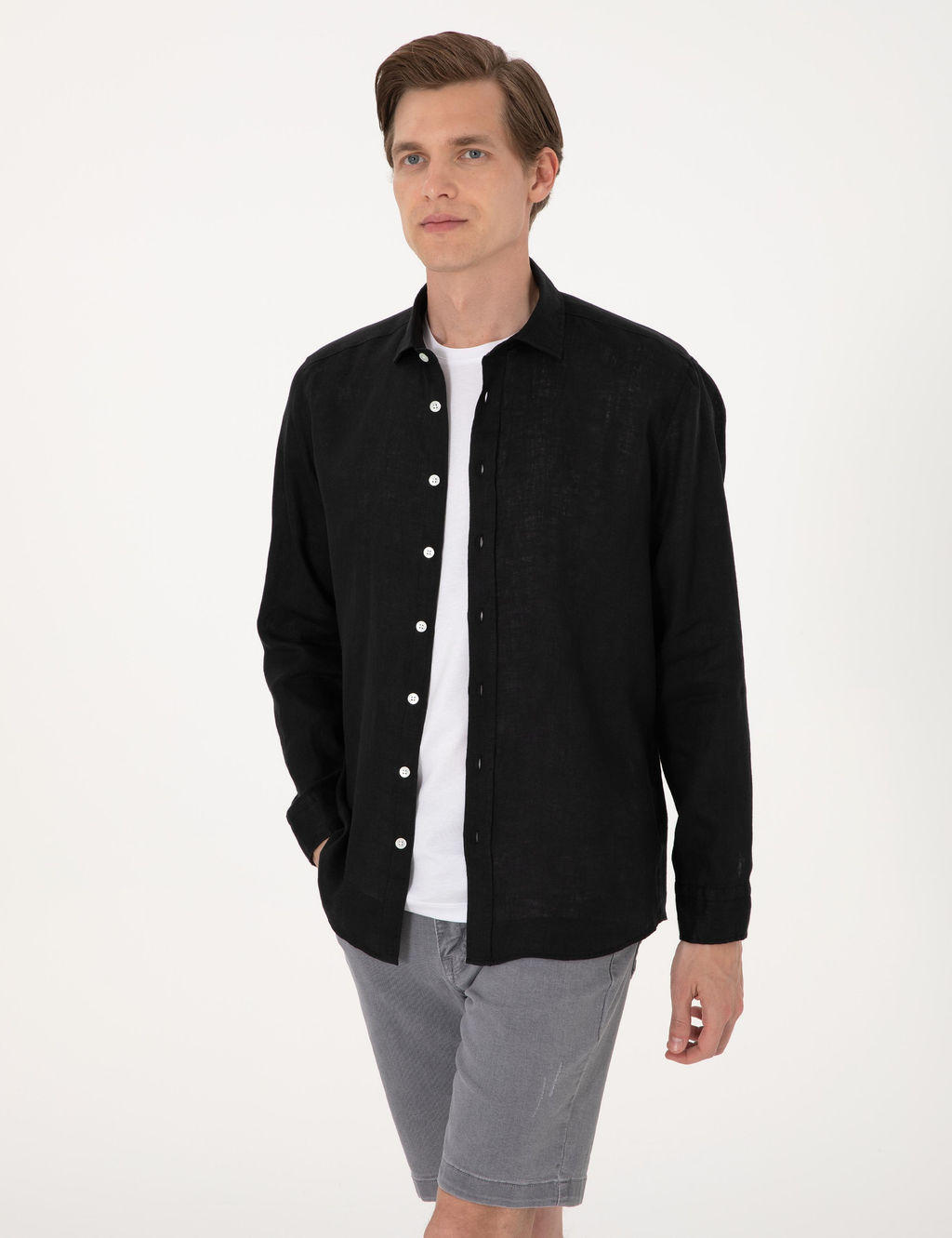 Siyah %100 Keten Regular Fit Uzunkollu G_mlek