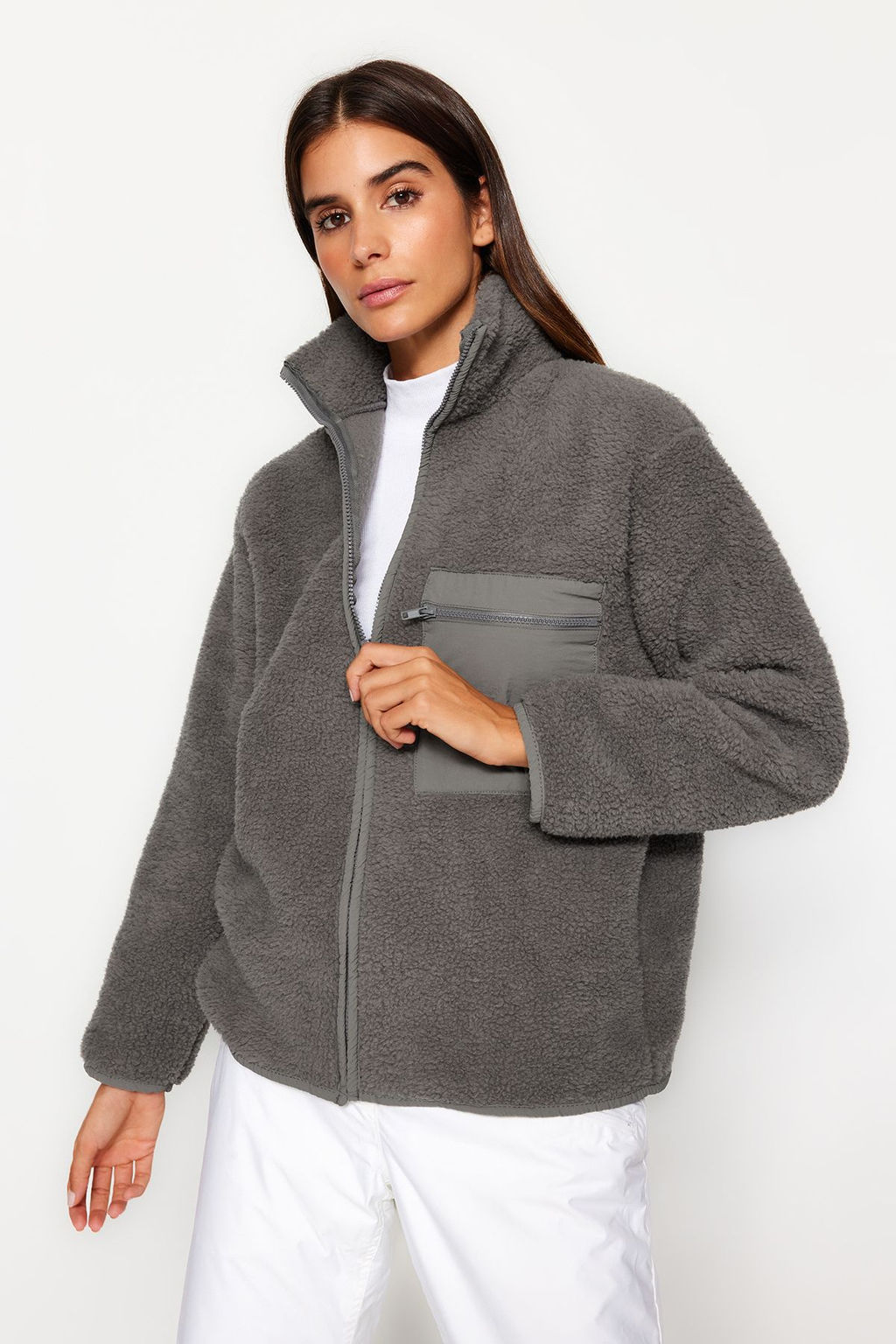 Winter Essentials Antrasit Kal?n Polar Fermuarl? Dik Yaka Cepli Orme Sweatshirt TWOAW24SW00071