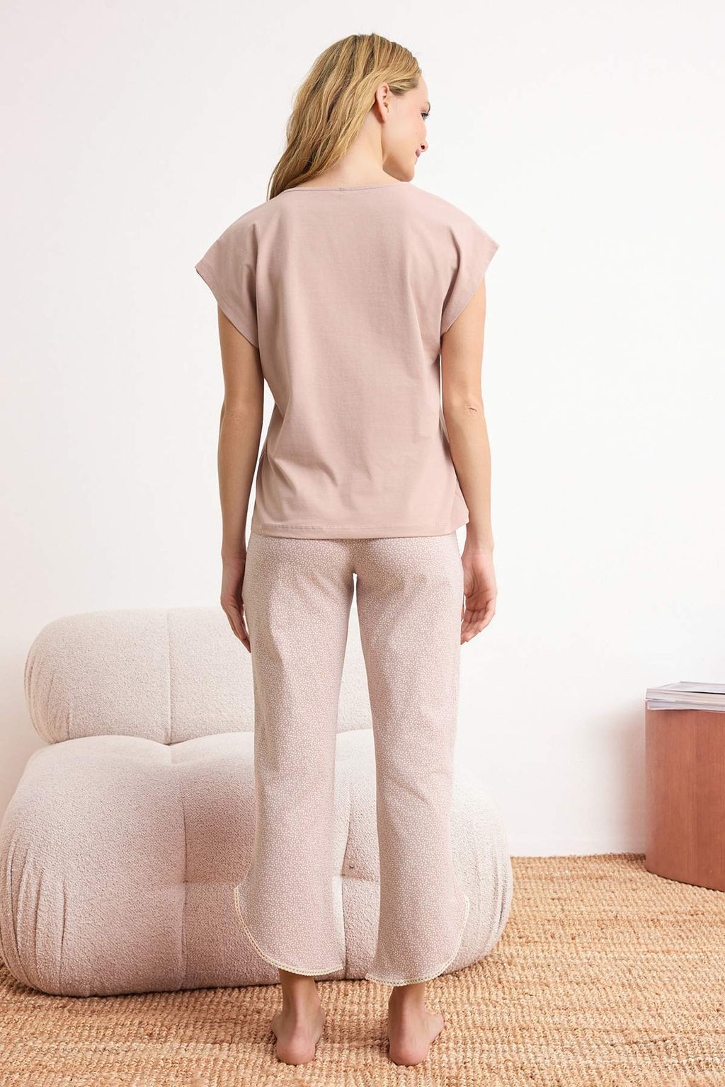 Pudra Serit Detayl? Bask?l? Likral? Yumusak Tuse Orme Pijama Tak?m? THMSS26PT00139