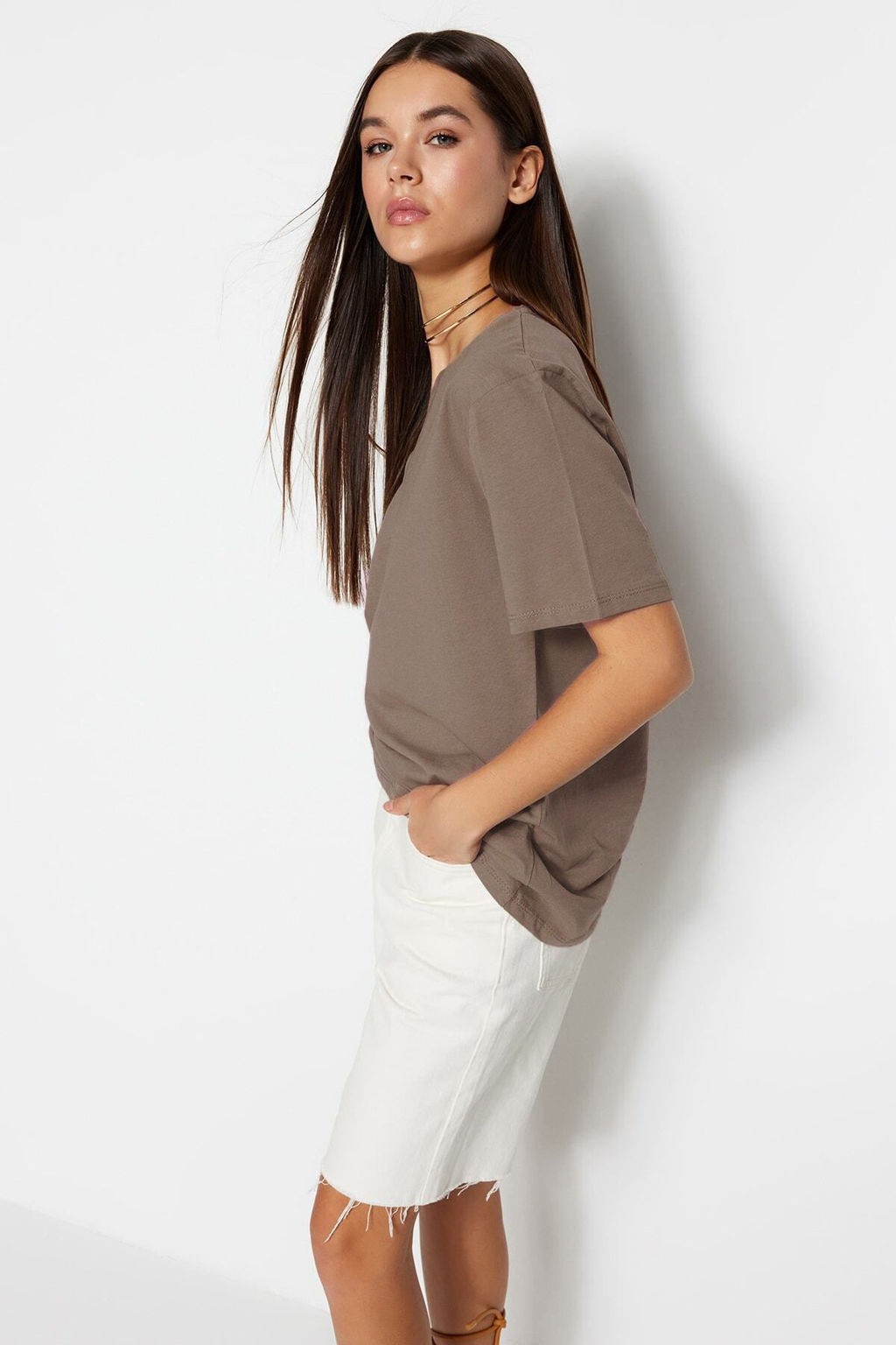 Vizon %100 Pamuk Oversize/Genis Kal?p V Yaka Orme T-Shirt TWOSS23TS00003