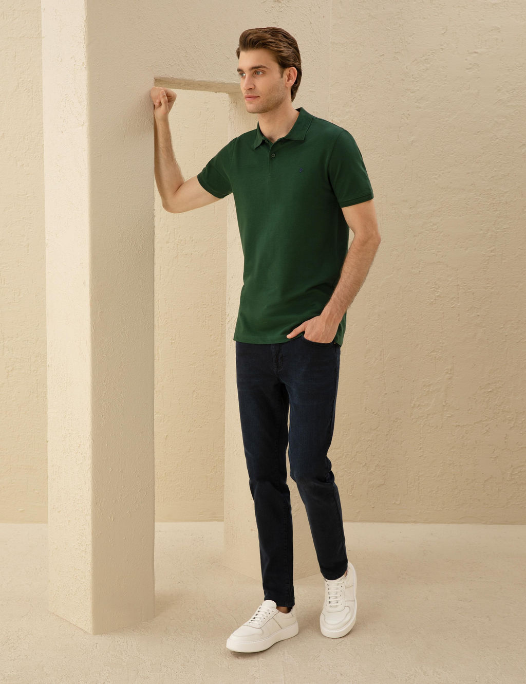 Koyu Ye_il Slim Fit %100 Pamuk Polo Yaka Basic Ti__rt