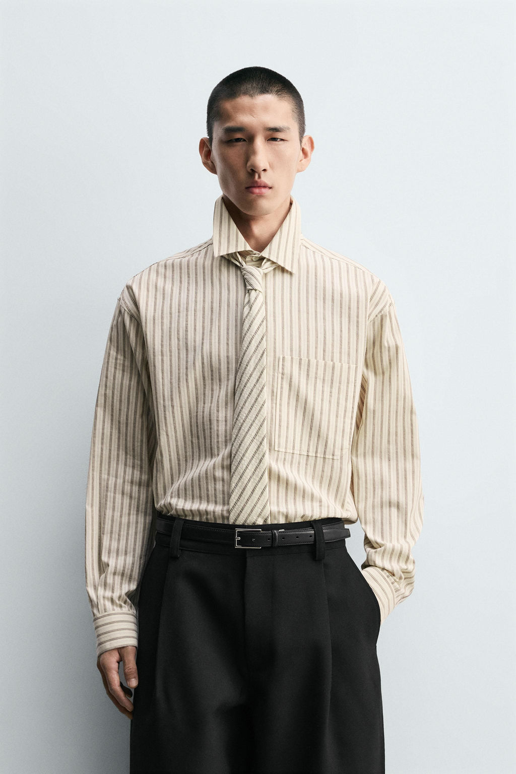 STRIPED SHIRT WITH CONTRAST TIE - Zara фото 2