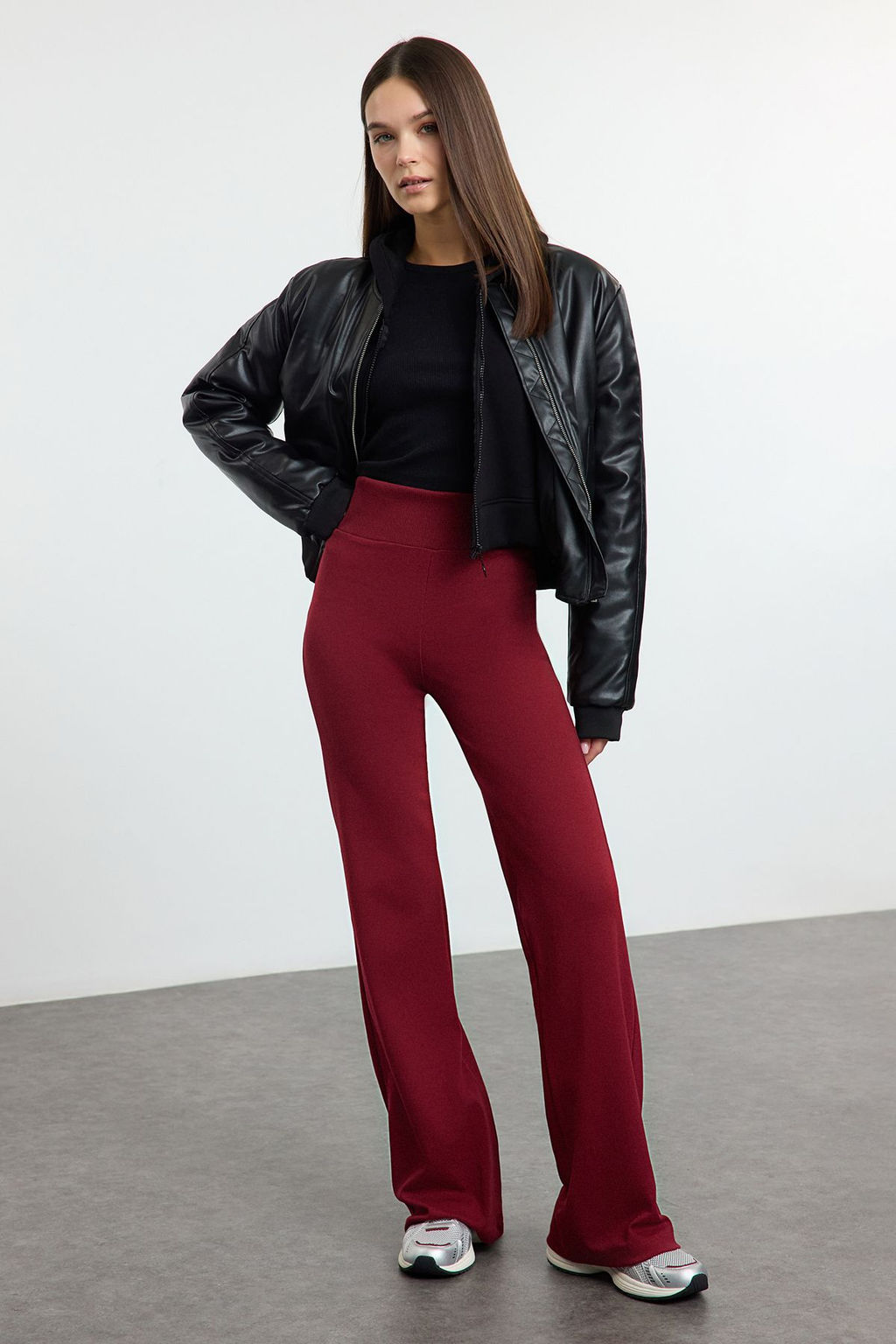 Bordo Wide Leg/Ispanyol Paca Yuksek Bel Interlok Esnek Orme Pantolon TWOAW25PL00006