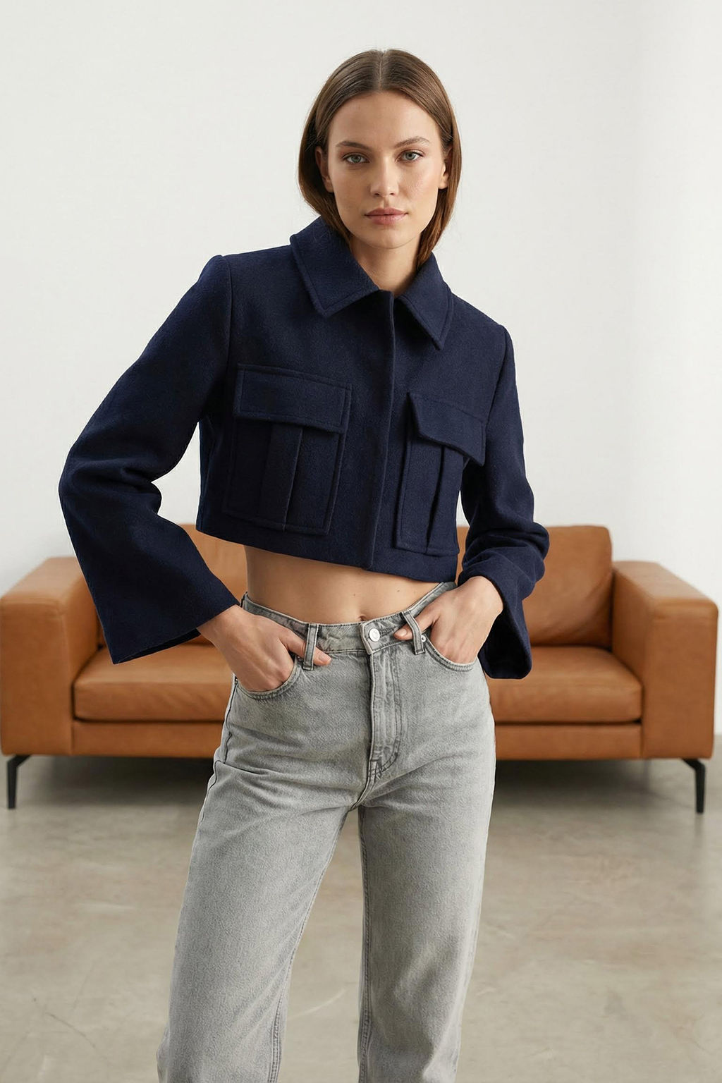 Limited Edition Lacivert Fitted Crop Dokuma Ceket TWOAW24CE00123 - Trendyolmilla фото 10