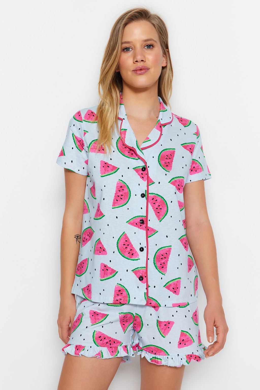 Trendyolmilla Pembe %100 Pamuklu Karpuz Desenli F?rf?rl? Sortlu Orme Pijama Tak?m? THMSS21PT0670 фото 6