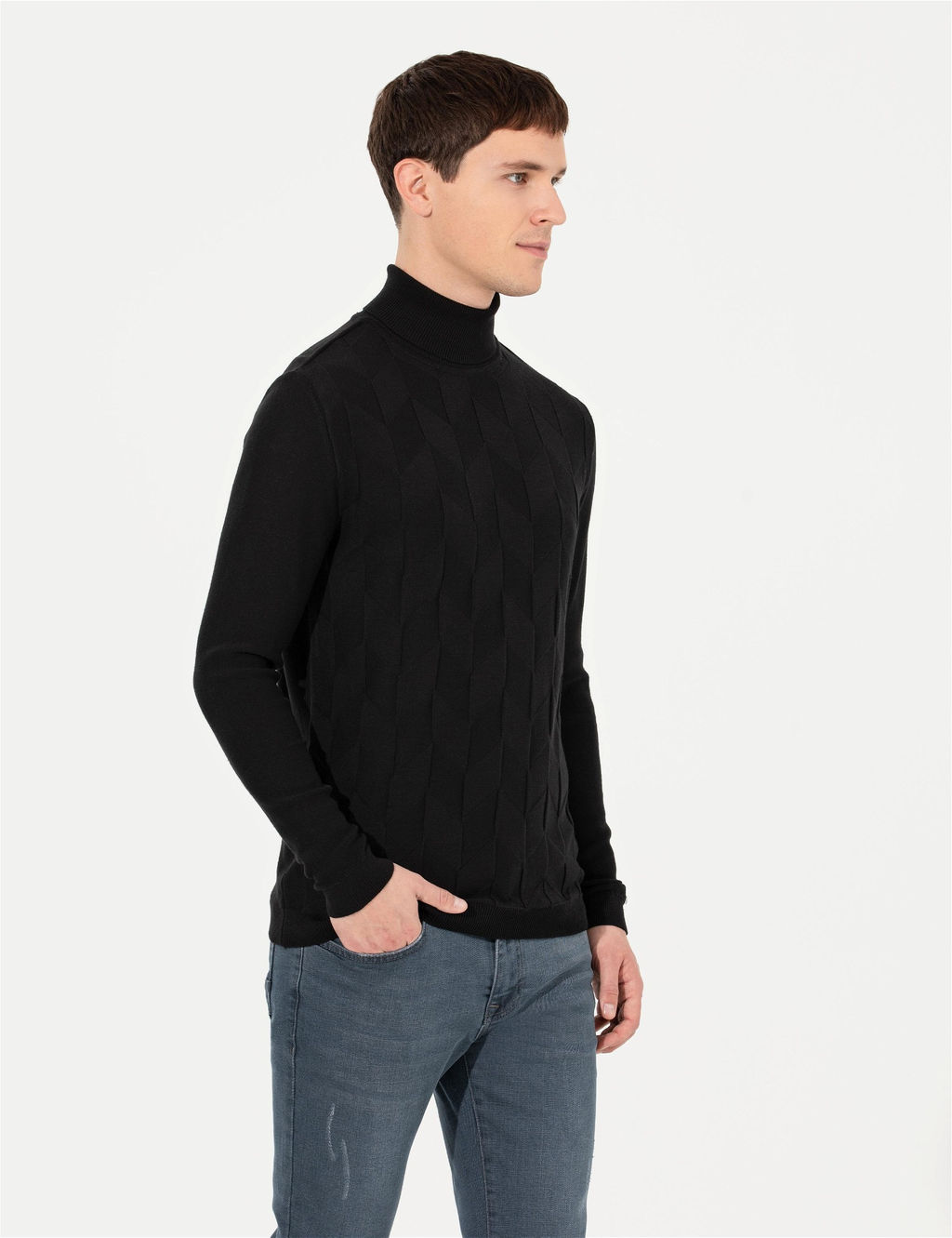 Siyah Slim Fit Bal_k__ Yaka Triko Kazak