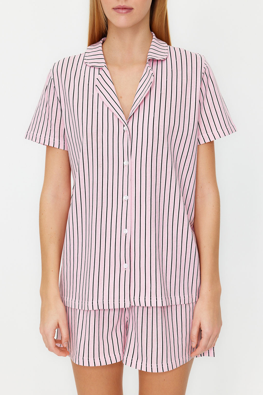 Pudra %100 Pamuklu Cizgili Sortlu Orme Pijama Tak?m? THMSS24PT00043 - Trendyolmilla фото 4