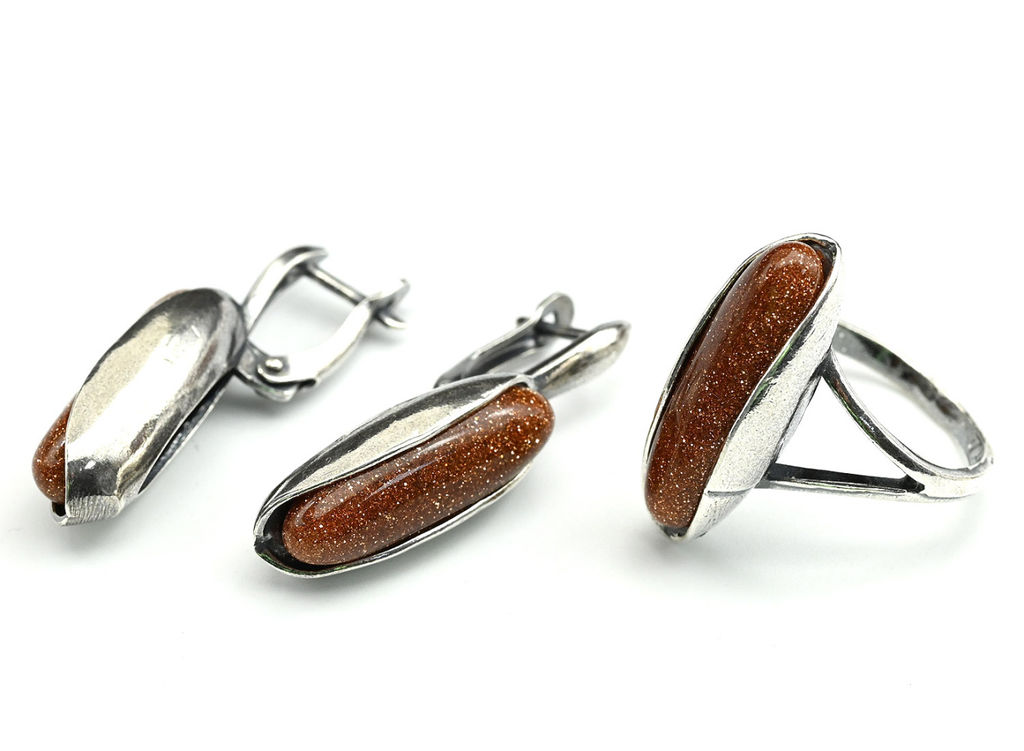 Кольцо Серьги с авантюрином имитация размер 17.