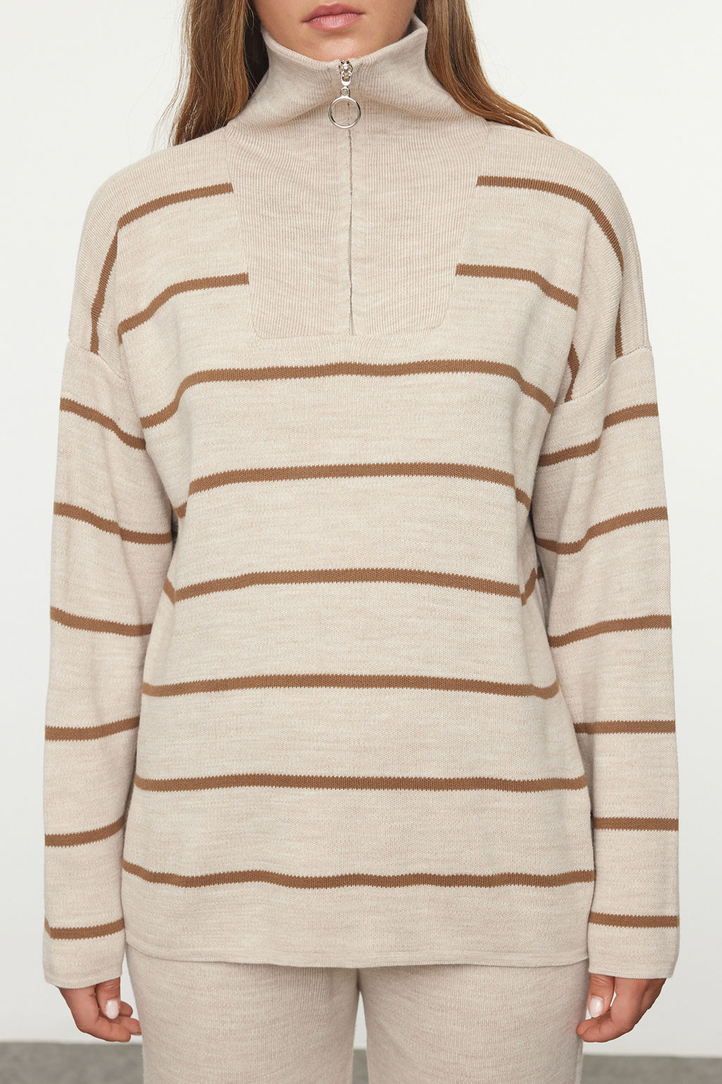 Bej Genis Kal?p Fermuarl? Triko Alt-Ust Tak?m TWOAW24AU00025