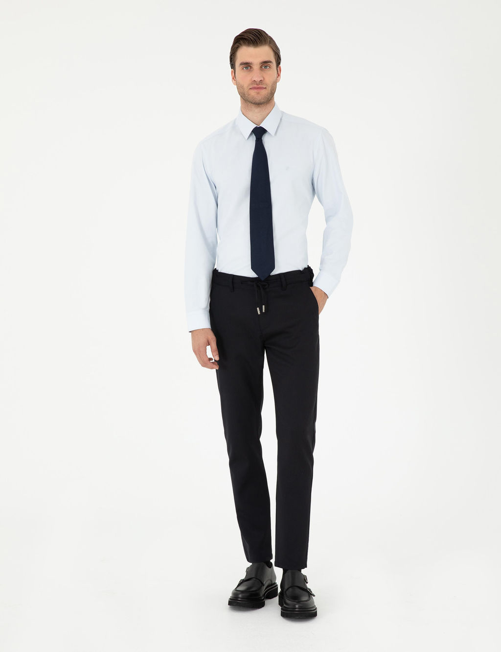 A__k Mavi Slim Fit Uzun Kollu Basic G_mlek