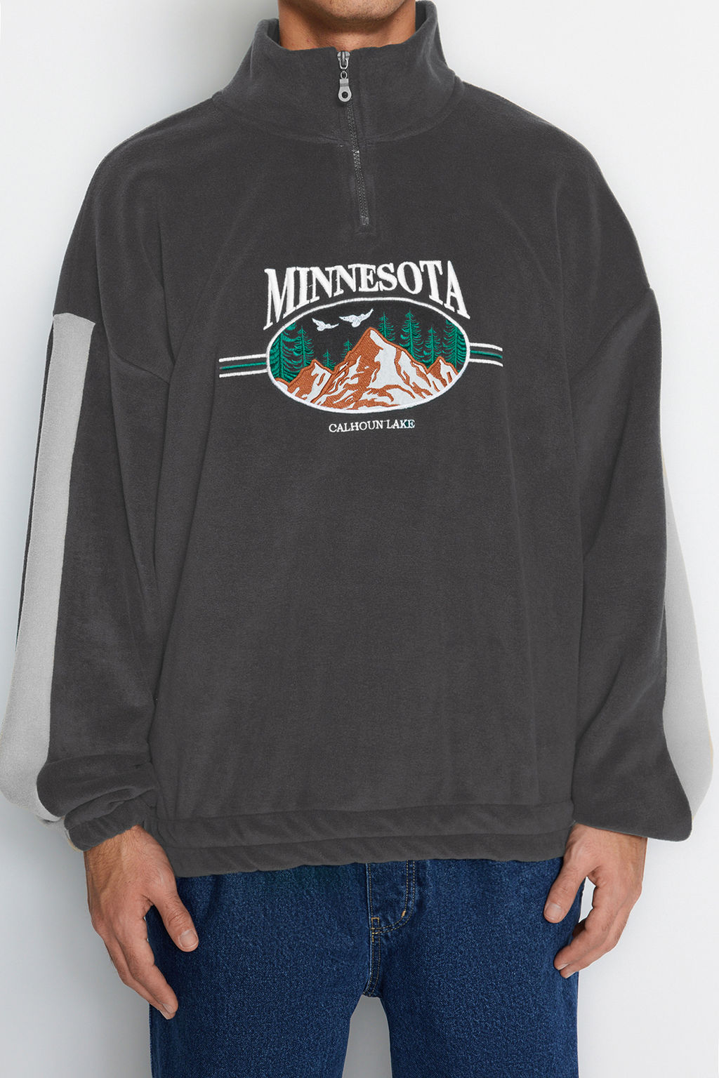 Antrasit Unisex Oversize/Genis Kesim Dik Yaka Anti-pilling Polar Sweatshirt TMNAW24SW00034