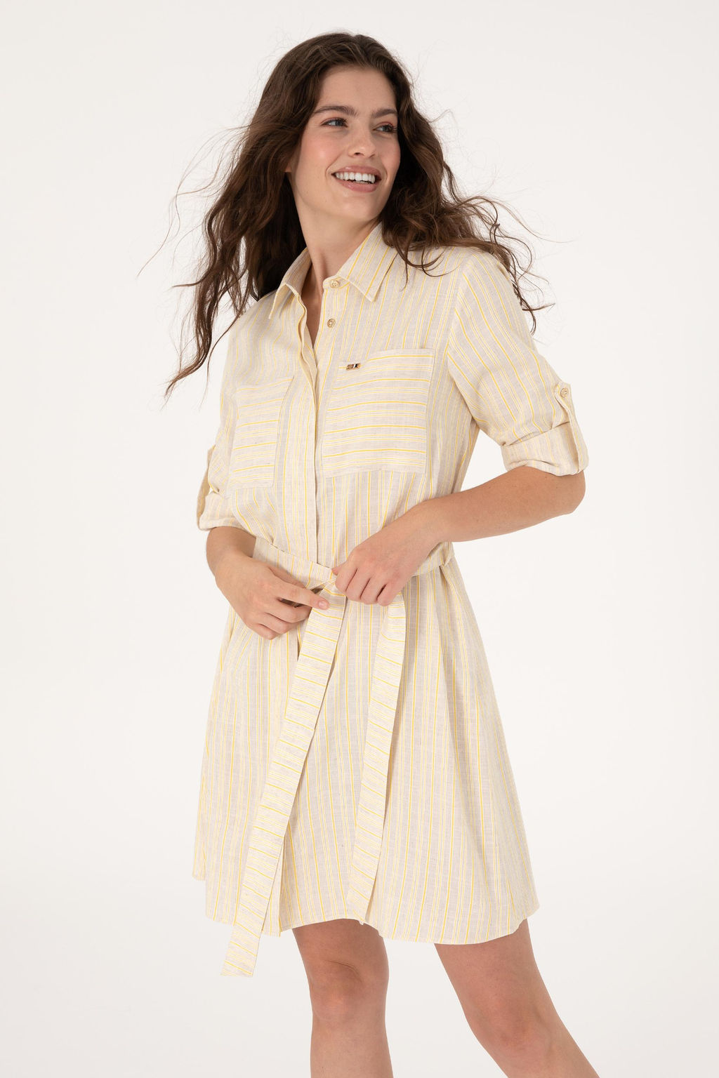 Kad_n Krem Keten Kar___ml_ _izgili Kemerli Mini Boy Dokuma Elbise Sepette S_rpriz _ndirim - U.s. polo assn фото 2