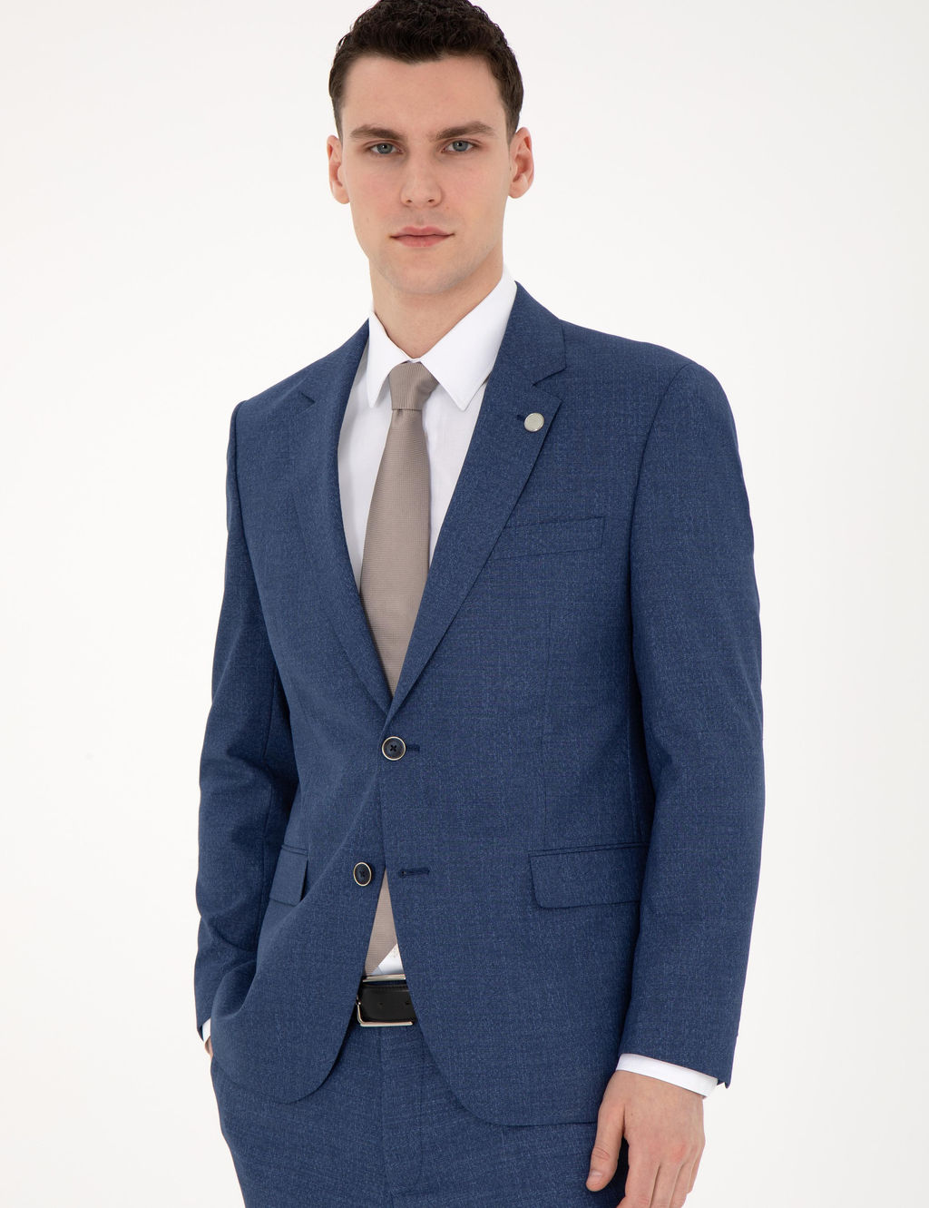 Koyu Mavi Slim Fit Y_n Kar___ml_ Tak_m Elbise