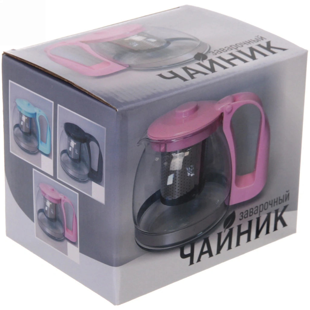 Чайник заварочный стеклянный 700 мл с металлическим ситом большая ручка Селфи, микс