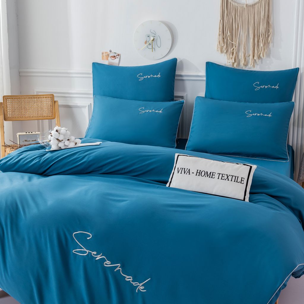 Комплект постельного белья Однотонный Сатин Вышивка на резинке CHR039 160*200*35 2 спальный 4 Наволочки