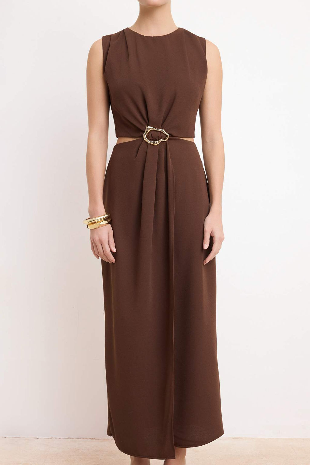 Kahverengi Duz A Kesim Aksesuar Detayl? Maxi Dokuma Elbise TWOSS25EL00017
