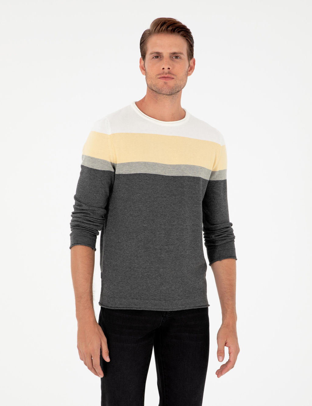 A__k Gri Melanj Slim Fit Bisiklet Yaka Triko Kazak