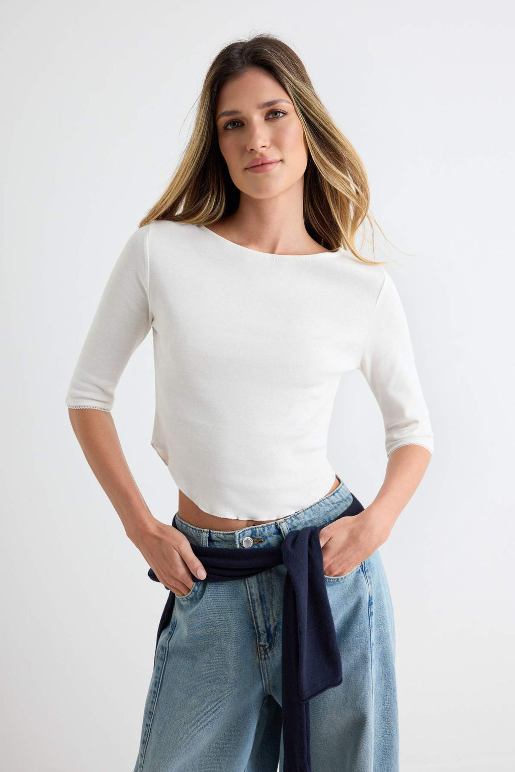 Ekru %100 Pamuk Truvakar Kol Bisiklet Yaka Crop Kol Ucu Detayl_ _rme T-Shirt TWOAW27TS00042 - Trendyolmilla фото 2