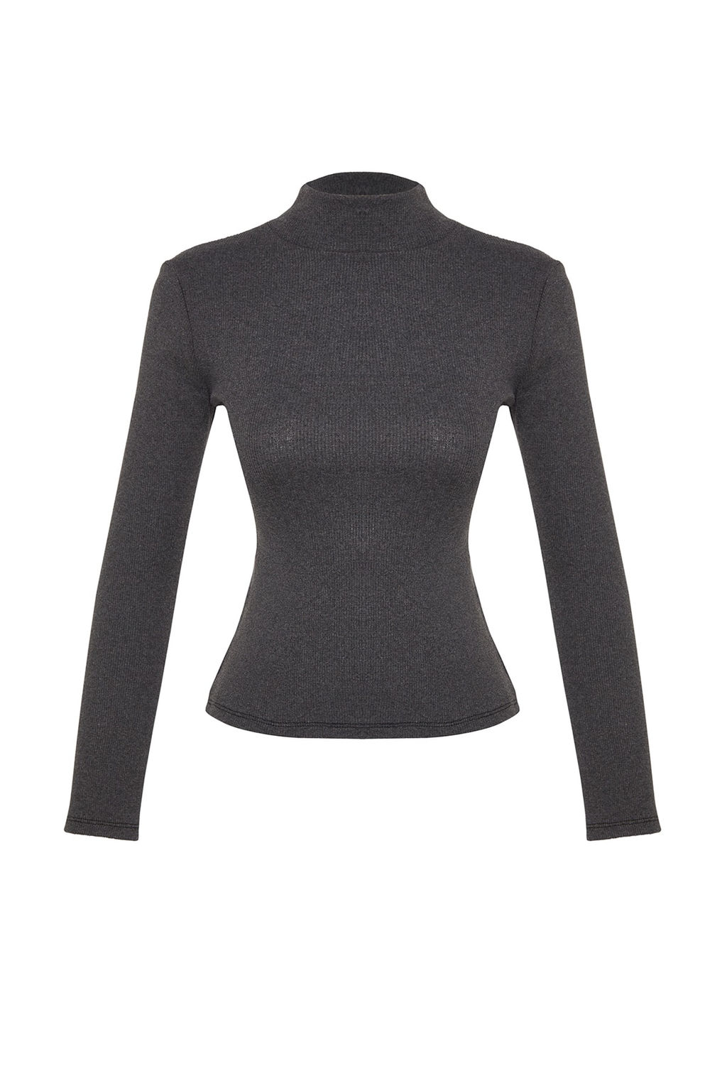 Koyu Antrasit Fitted/Vucuda Oturan Dik Yaka Uzun Kol Fitilli Esnek Orme Bluz TWOAW21BZ0423