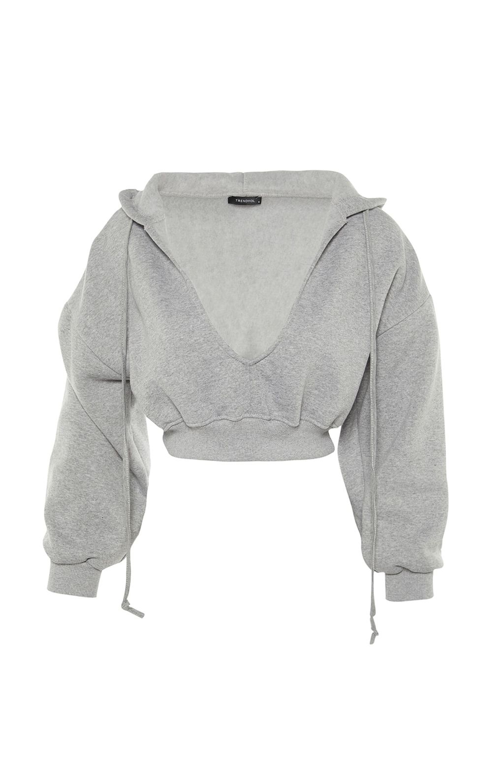 Gri Kal?n Ici Polarl? Kapusonlu V Yaka Rahat Kesim Crop Orme Sweatshirt TWOAW23SW00096
